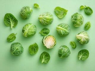 Arranged Brussels sprouts with vibrant green leaves, top-down view. A nutritious vegetable for cooking, healthy eating, and vegan recipes.