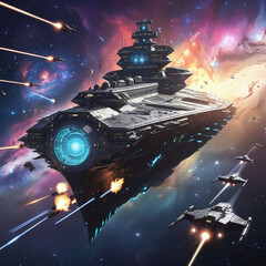 Epic Space Battle with Futuristic Warships and Starfighters in a Galactic War Scene, Generated with AI