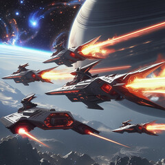 Epic Space Battle with Futuristic Warships and Starfighters in a Galactic War Scene, Generated with AI