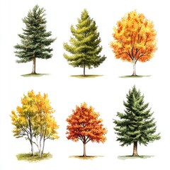 Watercolor Collection of Six Different Trees in Various Seasons