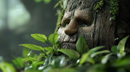 Fototapeta premium Woodland guardian stares quietly from behind lush green foliage in a serene forest setting during early morning light