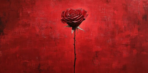 Single red rose blossom on dark textured reddish background