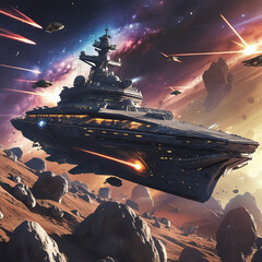 Epic Space Battle with Futuristic Warships and Starfighters in a Galactic War Scene, Generated with AI