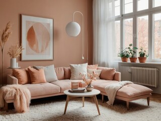 Fototapeta premium Modern Living Room Decor With Peach Sofa And Artwork