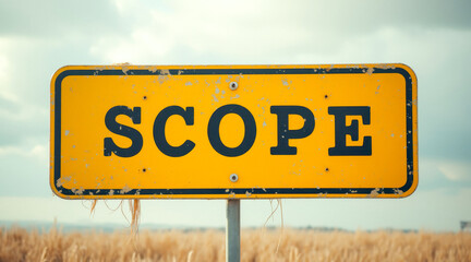 Fototapeta premium weathered yellow sign displaying the word scope in a field