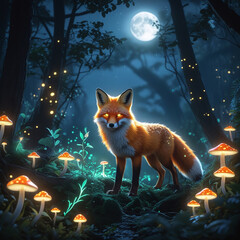 Magical Deer in Enchanted Forest with Glowing Lights at Night – Fantasy Wildlife Scene, Generated with AI