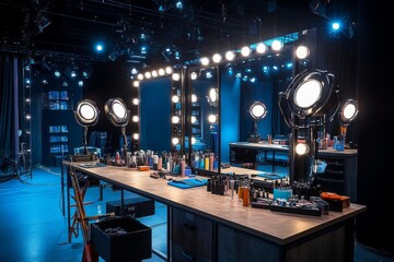 Makeup table illuminated by ring lights in a dressing room or backstage area, with various beauty products arranged on the counter