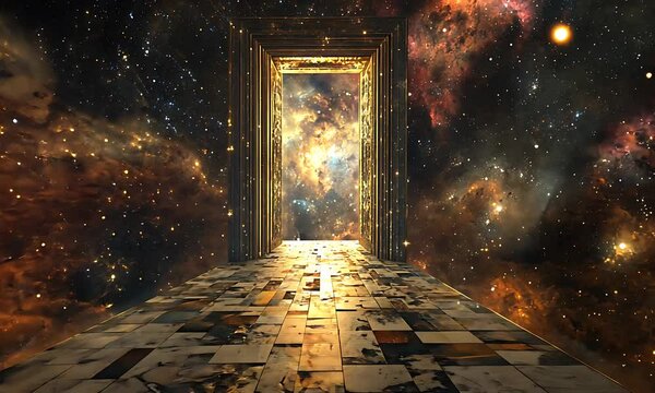 A cosmic portal framed by a grand structure, leading to a vibrant, star-filled universe.