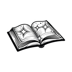 Create an editable stroke vector graphic of an open book with a glowing, magical spar emanating from its pages.  Illustrate fantasy and magic.