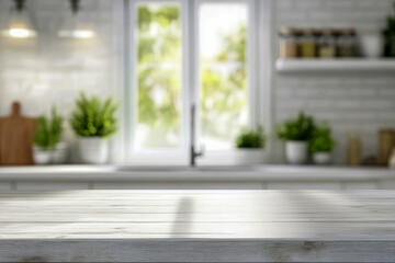 Empty wooden countertop in bright kitchen with potted plants