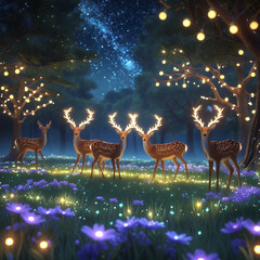 Magical Deer in Enchanted Forest with Glowing Lights at Night – Fantasy Wildlife Scene, Generated with AI