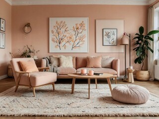 Fototapeta premium Pastel Pink Living Room Decor Featuring Artwork And Plants