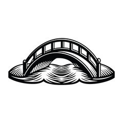 Create an editable stroke vector graphic of a majestic bridge arch gracefully spanning a serene river or waterway.  Include detailed bridge structure.