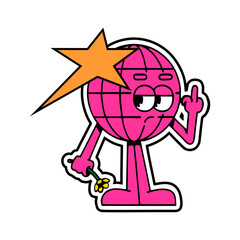 An earth-shaped mascot cartoon character accompanied by stars and holding flowers