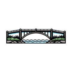 Editable stroke vector graphic of a detailed bridge spanning a river, suitable for architectural plans or illustrations.