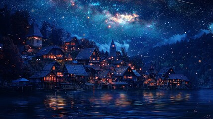 Obraz premium Enchanted Village Under a Starry Night Sky