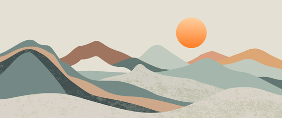 Abstract minimalist mountain landscape layered hills, soft earthy tones, sunrise with textured design for posters, prints, modern wall art