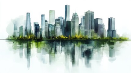 Obraz premium Watercolor Art of a Modern City Skyline with Reflection on Still Water Surrounded by Greenery