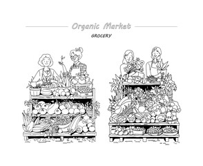 Vector linear outline illustration, coloring page, women selling vegetables and fruits, farmers market, grocery, organic market, female farmers, stall. Vector illustration