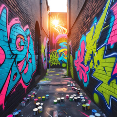 Vibrant Street Art Mural of Futuristic Cityscape – Urban Wall Graffiti Design, Generated with AI