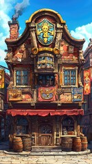 Fototapeta premium Fantasy shop, sunny street, barrels, medieval, game art