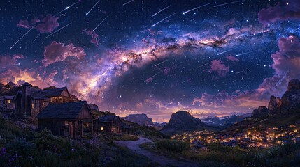 Fototapeta premium Milky Way and Meteor Shower Over a Scenic Mountain Village