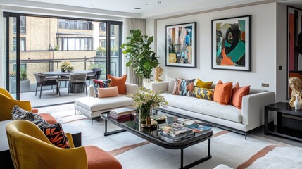 Modern open-plan living room with bold furniture, geometric decor, and wide glass doors leading to a terrace