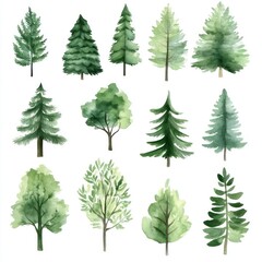 Obraz premium Watercolor Collection of Diverse Green Trees and Foliage