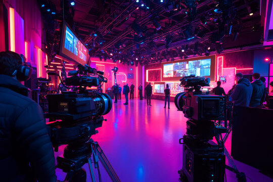 Cameramen operating professional cameras during a tv show recording inside a modern studio illuminated with neon lights