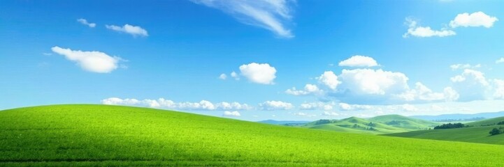 Obraz premium A bright blue sky with fluffy white clouds stretches above a rolling hills landscape, vast, fields, cloudy