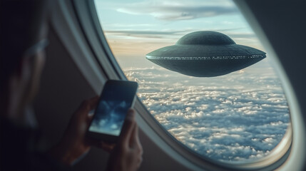 A futuristic UFO hovers near an airplane window at night, overlooking a glowing cityscape with clouds and illuminated streets