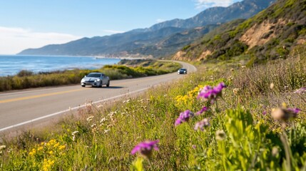 Coastal highway road trip, wildflowers, ocean view