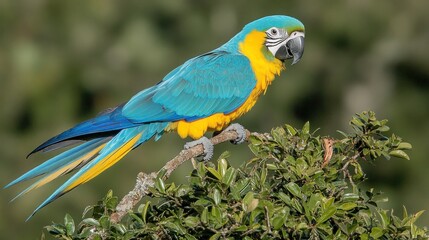 Obraz premium Vibrant Blue-and-Yellow Macaw perched on branch in lush forest. Possible use Nature, wildlife, education