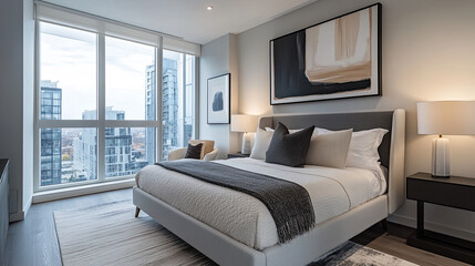 Modern bedroom interior with city view and stylish decor elements