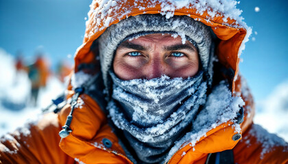 Frost-covered mountaineer at Everest summit, exuding determination and triumph.