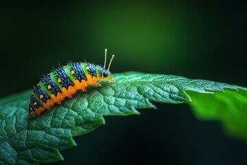 Fototapeta premium Inchworm Crawling Along Leaf Edge Under Natural Sunlight in a Lush Garden Setting, Close-Up of Green Creature in the Wild