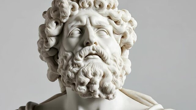 Classical marble statue of mature bearded man with curly hair in dramatic gaze artistic sculpture detail, 4k video