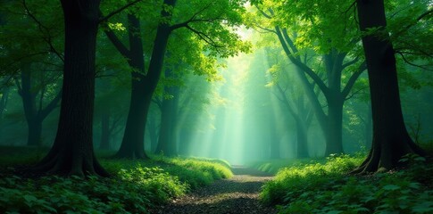 Obraz premium Dark forest with dense foliage on white background, green, tree