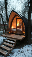 Cozy wooden cabin in snowy forest at twilight