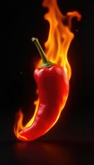 Fiery pepper engulfed in flames on dark background, pepper, hot