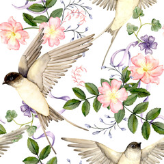 Seamless pattern with swallows, wild rose