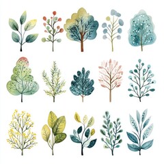 Naklejka premium Watercolor Collection of Trees and Plants in Various Shades of Green and Blue
