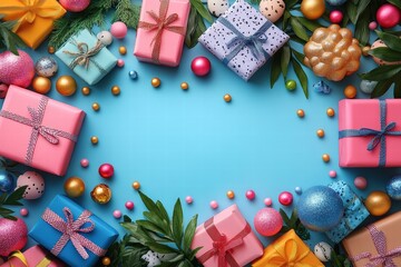 Colorful gift arrangement on a vibrant blue background for festive online shopping