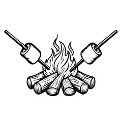 Create a vector illustration of a campfire with a pot of marshmallows cooking above it, ready for editing with adjustable stroke weight.