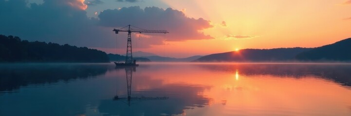 Long shadow of crane stretches across calm lake surface at dusk, crane, serenity, nature