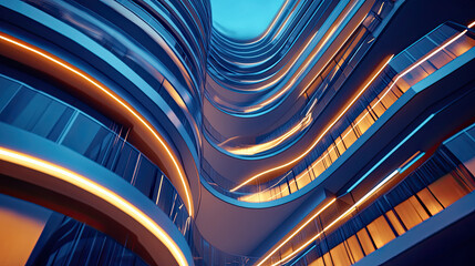 Obraz premium Abstract View of Modern Architectural Lines and Curves in Blue Light