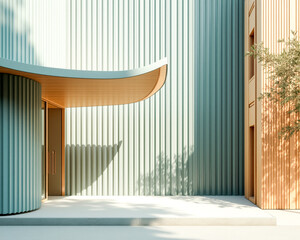 modern building entrance with curved wooden canopy and vertical ribbed walls
