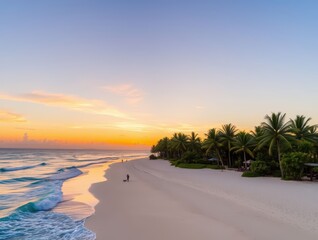Sunrise on Tropical Beach with Couple Walking