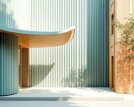 modern building entrance with curved wooden canopy and vertical ribbed walls