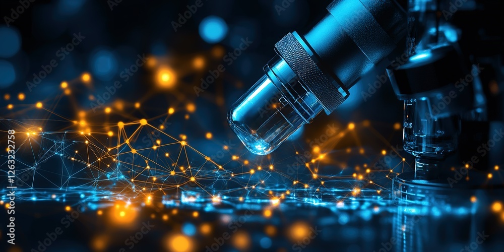 Poster exploration of innovative technology with a microscope observing glowing connections and data networ